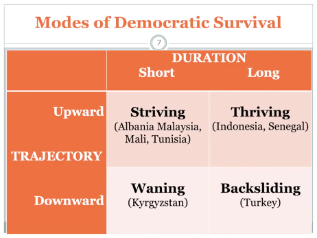 Graphic showing modes of democratic survival for 8 Muslim countries