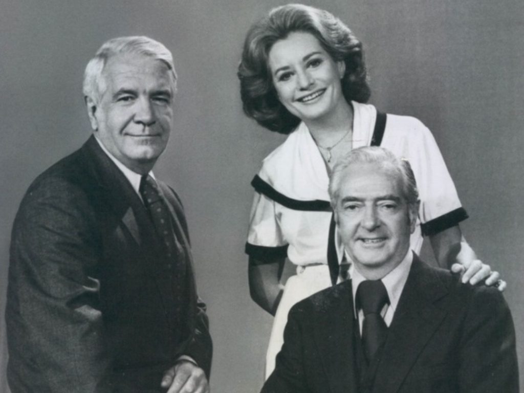 ABC News Anchors Harry Reasoner, Barbara Walters and Howard Smith in a press photograph for the ABC Television news coverage of the 1976 Presidential, Congressional and Gubernatorial elections in the United States