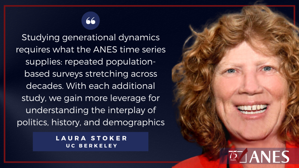 Laura Stoker: Studying generational dynamics requires what the ANES time series supplies: repeated population-based surveys stretching across decades. With each additional study, we gain more leverage for understanding the interplay of politics, history, and demographics.